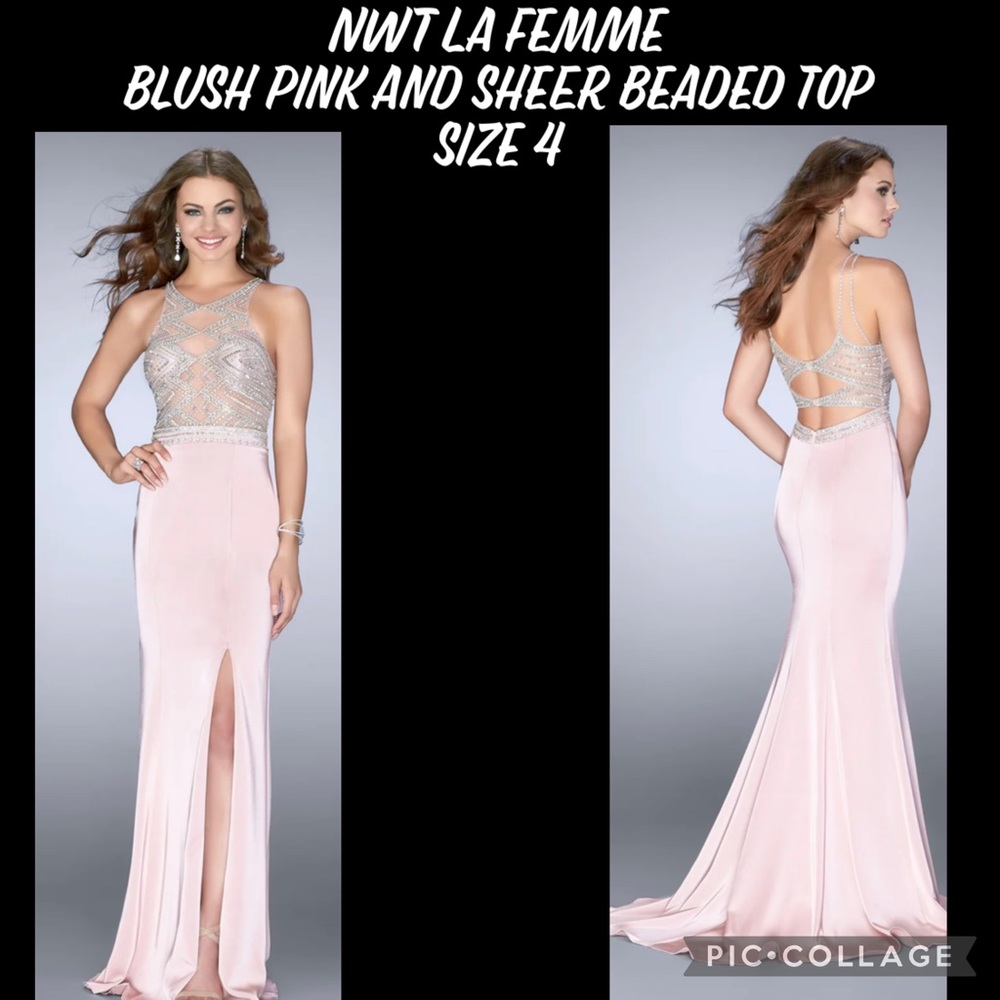 NWT La Femme blush pink with sheer silver beaded top size 4